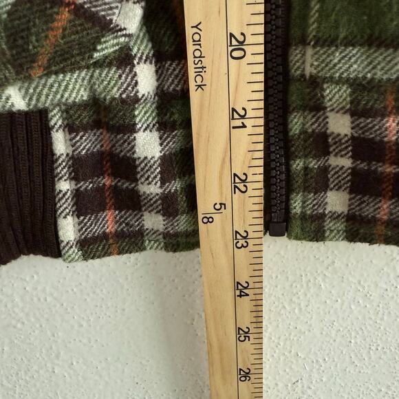 Y2K Puffer Vest Green Plaid Wool Blend Faux Fur Hood Quilted Lining Womens Prep - Picture 9 of 9